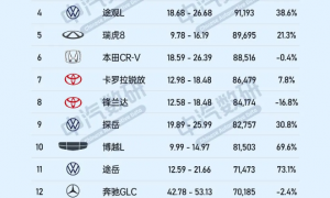 上半年中国市场燃油SUV销量排名公布 前五三款国产