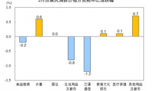国家统计局：5月份CPI同比下降0.1％